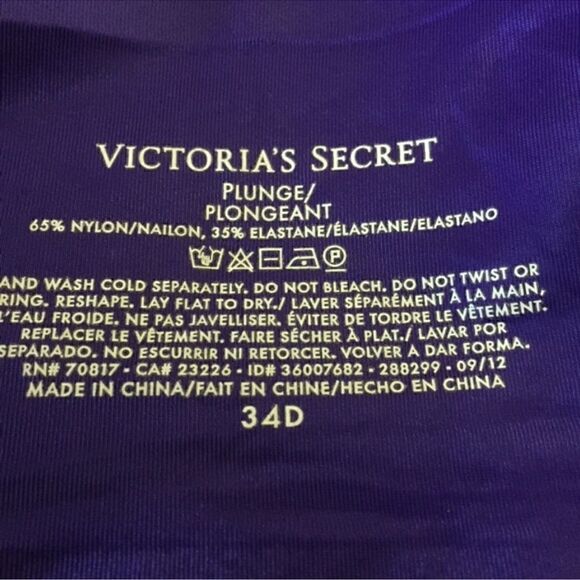 VICTORIAS SECRET- Plunge Satin Midnight Blue W/ Rhinestones Padded Bra, Size 34D - Picture 2 of 12